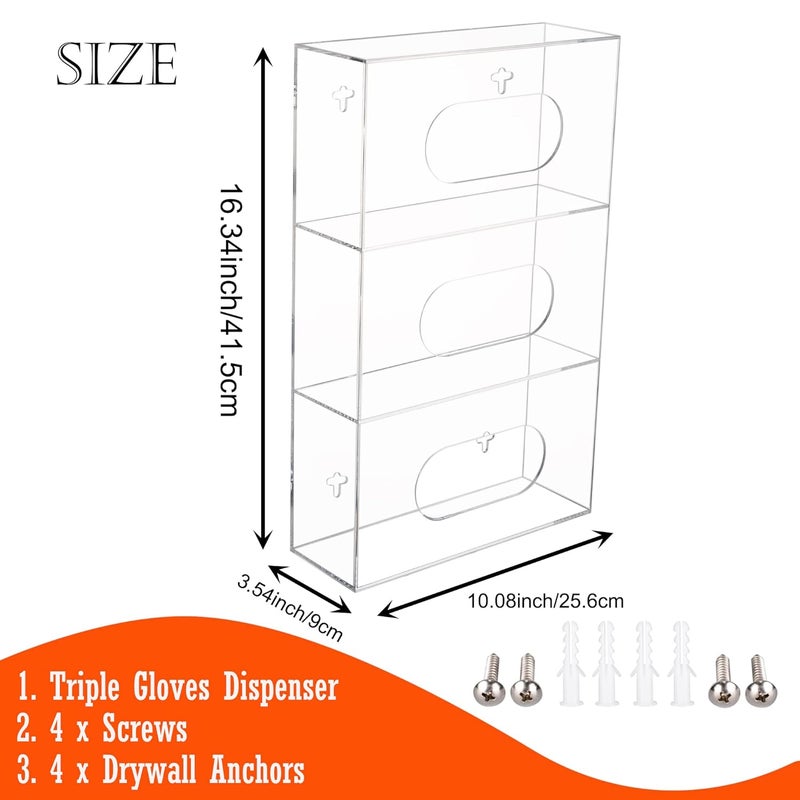 Aphbrada Triple Glove Box Holder Wall Mount, 3 Compartments Clear Acrylic Rubber Nitrile Gloves Dispenser for Lab, Hospital, Kitchen - Side-Loading - Mounting Hardware Included -10 x 3.5 x 16.4 IN - Image 2